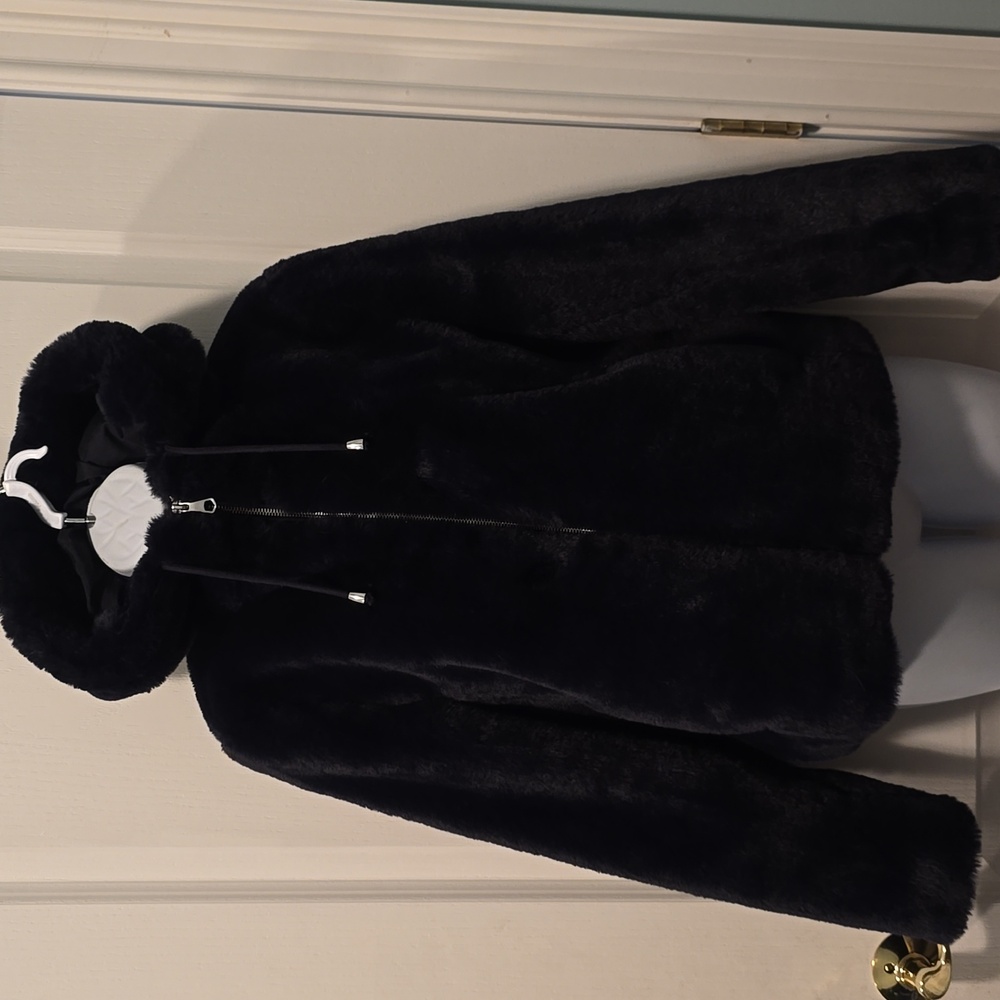 Rachel Zoe Dark Blue Teddy Bear Jacket Small Faux Fur Crop Full Zip Hoodie B1
